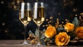 Champagne flutes with golden yellow roses and ribbon