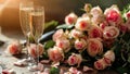 Champagne flutes and gorgeous rose bouquet