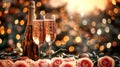 Champagne flutes with sparkling wine on a festive background. Elegant celebration setting with golden lights Royalty Free Stock Photo