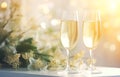 champagne flutes and white roses on white holiday table decor with bokeh background soft light for wedding and marriage holiday Royalty Free Stock Photo