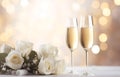 champagne flutes and white roses on white holiday table decor with bokeh background soft light for wedding and marriage holiday Royalty Free Stock Photo