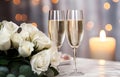 champagne flutes and white roses on white holiday table decor with bokeh background soft light for wedding and marriage holiday Royalty Free Stock Photo