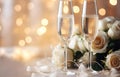 champagne flutes and white roses on white holiday table decor with bokeh background soft light for wedding and marriage holiday Royalty Free Stock Photo