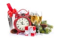 Champagne, gift boxes and christmas clock Royalty Free Stock Photo