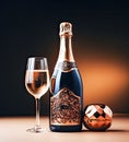 Champagne and glass against a Christmas background