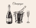 Champagne Glass Bottle Bucket Hand Drawing Vector Illustration Bubbles. Alcoholic Drink.