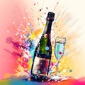 A champagne glass and bottle have a modern background.