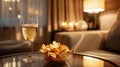 Champagne glass and chips in a lavish setting. Royalty Free Stock Photo