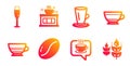 Champagne glass, Dry cappuccino and Coffee beans icons set. Coffee shop, Mocha and Teacup signs. Vector