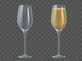 Champagne glass. Fill and empty transparent wineglasses with sparkling wine. Valentine day, christmas and wedding 3d realistic