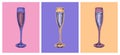 Champagne Glass Hand Drawing Vector Illustration Alcoholic Drink. Pop Art Style