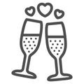 Champagne in glass with hearts line icon, Valentines Day concept, Two glasses of sparkling champagne sign on white Royalty Free Stock Photo