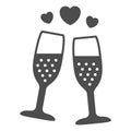 Champagne in glass with hearts solid icon, Valentines Day concept, Two glasses of sparkling champagne sign on white Royalty Free Stock Photo