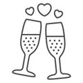 Champagne in glass with hearts thin line icon, Valentines Day concept, Two glasses of sparkling champagne sign on white Royalty Free Stock Photo