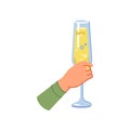 Champagne glass in human hand, flat cartoon vector