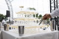 Champagne glass pyramid. Pyramid of glasses of wine, champagne, tower of champagne`s glass in wedding reception party Royalty Free Stock Photo