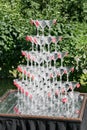 Champagne glass pyramid on wedding party. Tower of glasses of wine Royalty Free Stock Photo