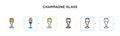 Champagne glass vector icon in 6 different modern styles. Black, two colored champagne glass icons designed in filled, outline, Royalty Free Stock Photo