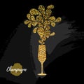 Champagne glass vector icon. Golden sparkle champagne glass on black background Royalty Free Stock Photo