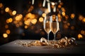 champagne glass on a wooden table with golden bokeh lights at the background, luxury new year\'s eve banner with copy space Royalty Free Stock Photo