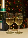 Champagne glasses and bottle with bokeh tree background