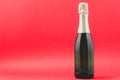 Champagne glasses and bottle on red background, space for text. Christmas decoration Royalty Free Stock Photo