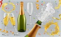 Champagne. Glasses, bottle, splash. 3d icon set Royalty Free Stock Photo
