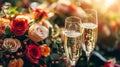 Champagne glasses and bouquet of beautiful roses Royalty Free Stock Photo