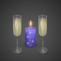 Champagne glasses and candle with a shiny coating, a set of illustrations for a romantic dinner, Glasses and candles in a Royalty Free Stock Photo