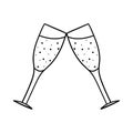 Champagne glasses clink together. Decorative element for Valentine's Day. A simple single outline design object is drawn
