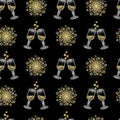 Champagne glasses and firework seamless pattern with neon icons on black background. Winter holidays, celebration Royalty Free Stock Photo