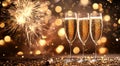 Champagne glasses with fireworks and golden confetti Image Royalty Free Stock Photo