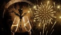 champagne glasses and fireworks Happy New Year Royalty Free Stock Photo