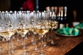 Champagne glasses on gold background. Party and holiday celebration concept Royalty Free Stock Photo