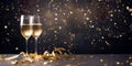 Champagne glasses with golden champagne on a dark background and golden bokeh. Royalty Free Stock Photo