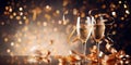 Champagne glasses with golden champagne on a dark background and golden bokeh. Royalty Free Stock Photo