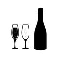 Champagne glasses icons with champagne bottle. Champagne glasses set.