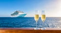 Champagne glasses and luxury cruise ship.