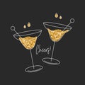 Champagne glasses, martini glasses with gold glitter. Holiday Card, flat illustration, print Royalty Free Stock Photo