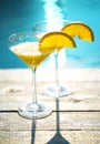 Champagne glasses with orange slice Mimosa cocktail Royalty Free Stock Photo