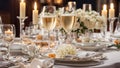 Champagne glasses, plate, flowers, decoration glass dinner decor table event wedding party Royalty Free Stock Photo