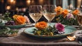 Champagne glasses, plate, setting beautiful day concept birthday festive