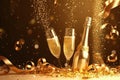 champagne with glasses, sparkles and sparks in the background. Royalty Free Stock Photo