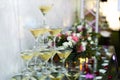 Champagne glasses standing in a tower at the party. Selective focus