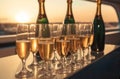 Champagne glasses with sunset background. Generate ai