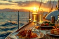 Champagne glasses on the table in Luxury cruise ship. travel concept. Generative AI Royalty Free Stock Photo