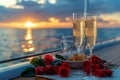 Champagne glasses on the table in Luxury cruise ship. travel concept. Generative AI Royalty Free Stock Photo