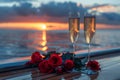 Champagne glasses on the table in Luxury cruise ship. travel concept. Generative AI Royalty Free Stock Photo