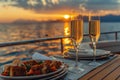 Champagne glasses on the table in Luxury cruise ship. travel concept. Generative AI Royalty Free Stock Photo