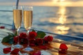 Champagne glasses on the table in Luxury cruise ship. travel concept. Generative AI Royalty Free Stock Photo